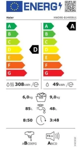 Прально-сушильна машина Haier фронтальна, 9(6)кг, 1400, A, 60см, дисплей, пара, інвертор, люк чорний, прямий привід, білий №11