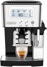 Кофеварка Sencor рожковая 1.4л, молотая, автоматический капучинатор, LCD-дисплей, нерж. сталь-черный