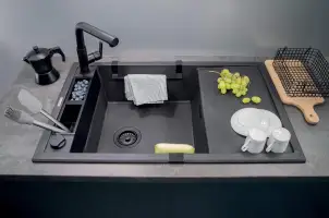 Мойка кухонная Deante Magnetic, гранит, прямоугольник, с крылом, 820х500х219мм, чаша – 1, накладная, металлический графит. №3
