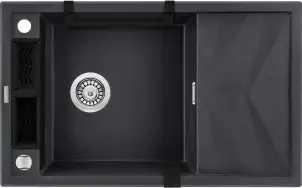 Мойка кухонная Deante Magnetic, гранит, прямоугольник, с крылом, 820х500х219мм, чаша – 1, накладная, металлический графит. №5