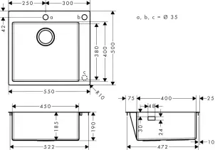 Мойка кухонная Hansgrohe S51, гранит, квадрат, без крыла, 560х510х190мм, чаша – 1, накладная, S510-F450, Серый бетон №6