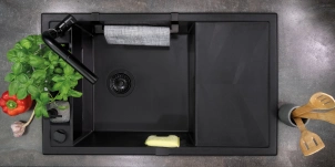 Мойка кухонная Deante Magnetic, гранит, прямоугольная, с крылом, 820х500х219мм, чаша - 1, накладная, Черный матовый №3