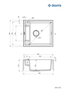 Мойка кухонная Deante Magnetic, гранит, квадрат, без крыла, 560х500х219мм, чаша – 1, накладная, металлический графит №4