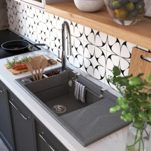 Мойка кухонная Deante Magnetic, гранит, прямоугольная, с крылом, 820х500х219мм, чаша - 1, накладная, антрацит №3