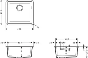 Мийка кухонна Hansgrohe S51, граніт, квадрат, без крила, 500х450х190мм, чаша - 1, врізна, S510-U450, сірий бетон №3