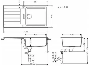 Мойка кухонная Hansgrohe S52, гранит, прямоугольник, с крылом, 980х480х190мм, чаша - 1, врезная, S52-F480, Серый камень №5