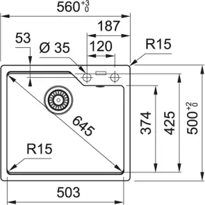 Мийка кухонна Franke Urban, фраграніт, прямокутник, без крила, 503х425х230мм, чаша - 1, врізна, UBG 610-56, чорний матовий №6