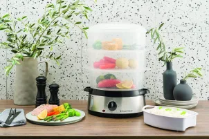 Пароварка Russell Hobbs Cook&Home 800Вт, чаша-3/3/3л, резервуар для води -1л, механічне керування, 3 яруси, метал/пластик, чорний №1