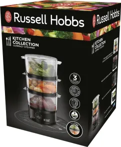 Пароварка Russell Hobbs Kitchen Collection 400Вт, чаша-2.3/3.3л, резервуар для воды -0.5л, механическое управление, 3 яруса, пластик, черный №7