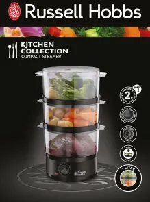 Пароварка Russell Hobbs Kitchen Collection 400Вт, чаша-2.3/3.3л, резервуар для воды -0.5л, механическое управление, 3 яруса, пластик, черный №8