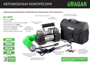 Компрессор автомобильный Uragan, двухцилиндровый с зажимами АКБ №3