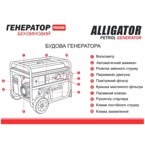 Генератор Alligator бензиновый 5,5кВт (ном 5,0кВт) с электростартером №10