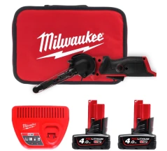 Ленточная шлифмашина 10мм M12 FBFL10-402B MILWAUKEE, (+ заряд.устройство, 2 акум., 2 цанги, сумка для инструментов)