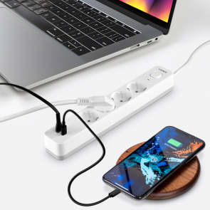 Мережевий подовжувач VIDEX ONCORD з/з 4п 3м (3x1.5мм) 3.4А USB(QC3.0) +USB-C(PD20W) з кнопкою White №11