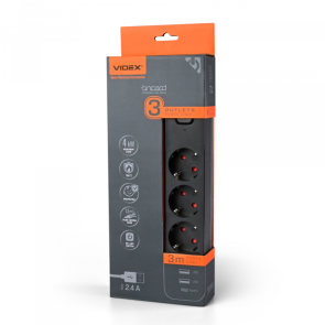 Сетевой удлинитель VIDEX ONCORD с/с 3п 3м (3x1.5мм) 2.4А 2USB+USB-C с кнопкой Black №13