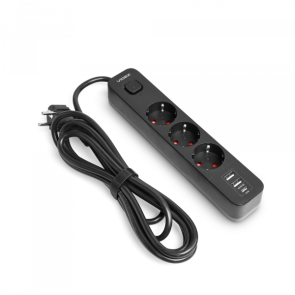 Сетевой удлинитель VIDEX ONCORD с/с 3п 3м (3x1.5мм) 2.4А 2USB+USB-C с кнопкой Black №14