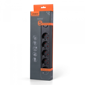 Мережевий подовжувач VIDEX ONCORD з/з 5п 3м (3x1.5мм) з кнопкою Black №12