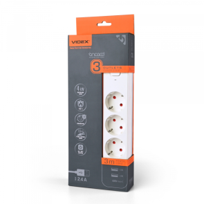 Сетевой удлинитель VIDEX ONCORD с/с 3п 3м (3x1.5мм) 2.4А 2USB+USB-C с кнопкой White №14