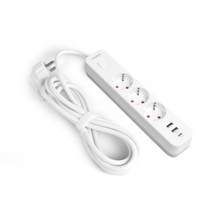 Сетевой удлинитель VIDEX ONCORD с/с 3п 3м (3x1.5мм) 2.4А 2USB+USB-C с кнопкой White №15