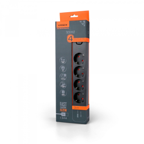 Сетевой удлинитель VIDEX ONCORD с/с 4п 3м (3x1.5мм) 3.4А USB(QC3.0) +USB-C(PD20W) с кнопкой Black №13