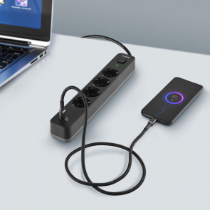 Сетевой удлинитель VIDEX ONCORD с/с 4п 3м (3x1.5мм) 3.4А USB(QC3.0) +USB-C(PD20W) с кнопкой Black №22