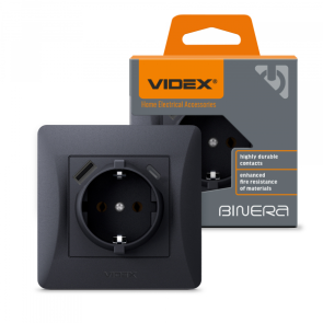 Розетка одинарная с заземлением с USB+USB-C черный графит VIDEX BINERA №1