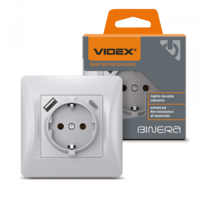 Розетка одинарна із заземленням з USB+USB-C срібний шовк VIDEX BINERA №1
