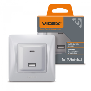 Розетка USB-A+USB-C PD20W серебряный шелк VIDEX BINERA №1