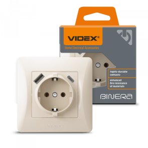 Розетка одинарна із заземленням з USB+USB-C кремова VIDEX BINERA №1