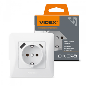 Розетка одинарная с заземлением из USB+USB-C белая VIDEX BINERA №1