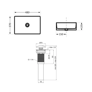 Комплект Qtap Tern: Раковина накладная прямоугольная 480х370х135 мм White + Донный клапан PU02 №2
