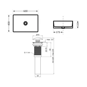Комплект Qtap Tern: Раковина накладная прямоугольная 600x400x110 мм WHITE + Донный клапан PU02 №2