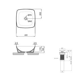 Комплект Qtap Kolibri: Раковина накладная 400x400x140 мм, White, Квадратная + Донный клапан Pop-up PU02 №2