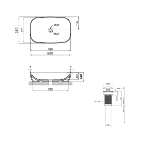 Комплект Qtap Cardinal: Раковина накладная 600x380x140 мм, White, Овальная + Донный клапан Pop-up PU02 №3