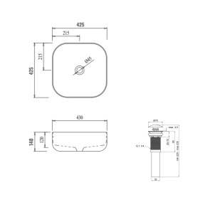 Комплект Qtap Kolibri: Раковина накладная 425x425x140 мм, White, Квадратная + Донный клапан Pop-up PU02 №2