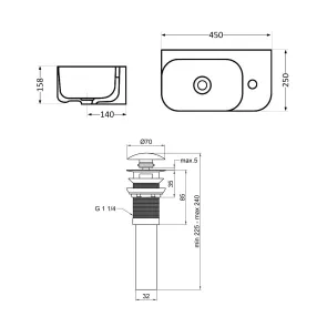 Комплект Qtap Tern: Раковина підвісна прамокутна права 450х250х158 мм White + Донний клапан PU02O №8