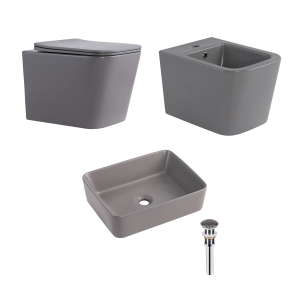 Комплект Qtap Tern Stone grey 3 в 1: подвесной унитаз Ultra Quiet + биде подвесное + накладная раковина QTTERSG49162 №1