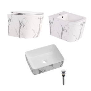 Комплект Qtap Tern Marble 3 в 1: подвесной унитаз Ultra Quiet + биде подвесное + накладная раковина QTTERMR49164 №1