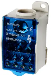 Блок розподільчий e.sn.pro. 250 на DIN-рейку, 250А (вхід 1*35,,,120 кв.мм/вихід 2*6...35, 5*2,5...16, 4*2,5...10 кв.мм) №1