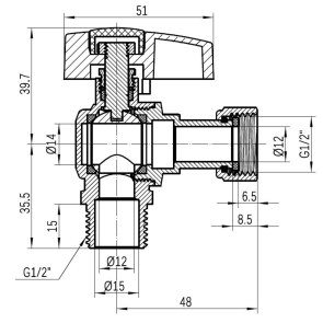 Кран шаровой Thermo Alliance Standart 1/2"ВЗ угловой, PN40, с накидной гайкой TAS224W15 №18