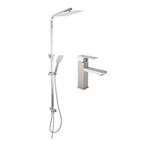 Акционный набор: Lidz Kubis 001F Смеситель для раковины (k35) Nickel + Lidz Kubis 1120 Душевая стойка универсальная на два потребителя Nickel №1
