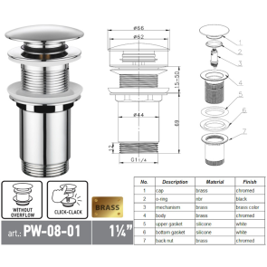 Донный клапан для раковины Koer PW-08-01 1 1/4'' без перелива автоматический СLICK-СLACK (Цвет хром) (KR5786) №10