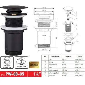 Донний клапан для раковини Koer PW-08-05 1 1/4'' без переливу автоматичний СLICK-СLACK (Колір чорн) (KR5789) №7