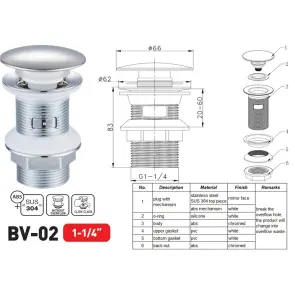 Донний клапан для раковини Zerix BV-02 1 1/4'' без переливу автоматичний СLICK-СLACK (Колір хром) (ZX6015) №3
