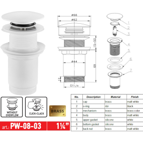 Донний клапан для раковини Koer PW-08-03 1 1/4'' без переливу автоматичнийСLICK-СLACK (Колір білий) (KR5787) №8