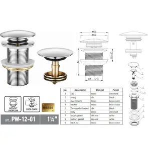 Донний клапан для раковини Koer PW-12-01 1 1/4'' без переливу автоматичний СLICK-СLACK (Колір хром) (KR5798) №3
