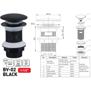 Донний клапан для раковини Zerix BV-02 BLACK 1 1/4'' без переливу автоматичний СLICK-СLACK (Колір чорний) (ZX6018) №6