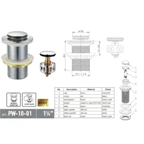 Донний клапан для раковини Koer PW-10-01 1 1/4'' без переливу автоматичний СLICK-СLACK (Колір хром) (KR5797) №3