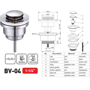 Донний клапан для раковини Zerix BV-04 1 1/4'' універсальний (з/без перел) СLICK-СLACK (Колір хром) (ZX6021) №7