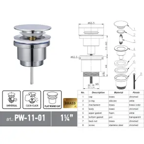 Донный клапан для раковины Koer PW-11-01 1 1/4'' универсальный (с/без перл) СLICK-СLACK (Цвет хром) (KR5790) №21